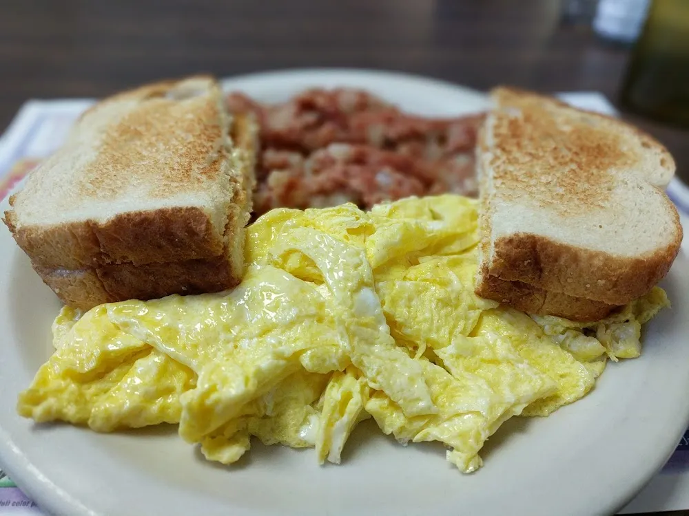 Corned Beef Hash with Scrambled Eggs and Toast